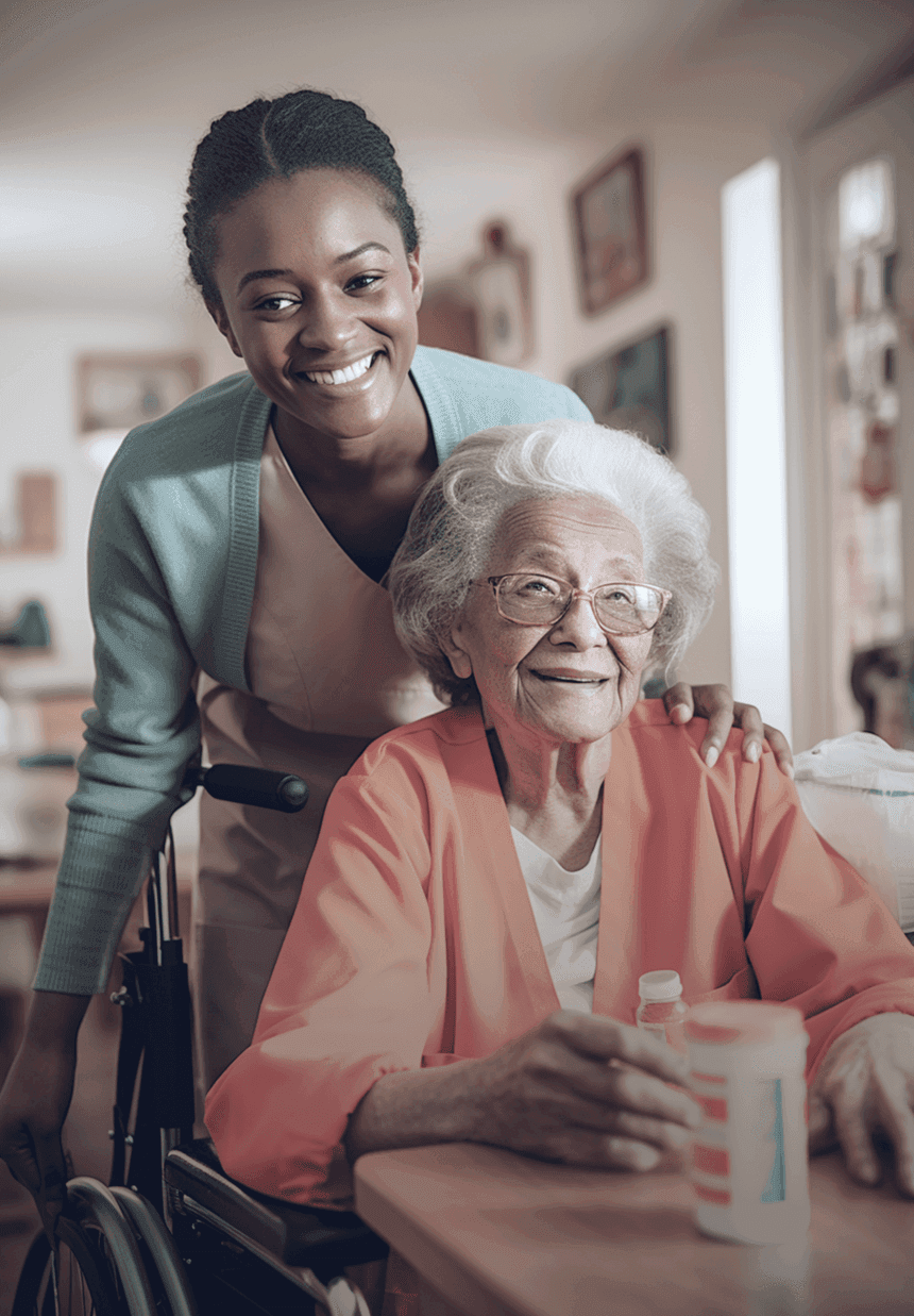 Smiling elderly woman in a wheelchair with a caregiver standing behind her, both looking happy in a warmly lit home setting.